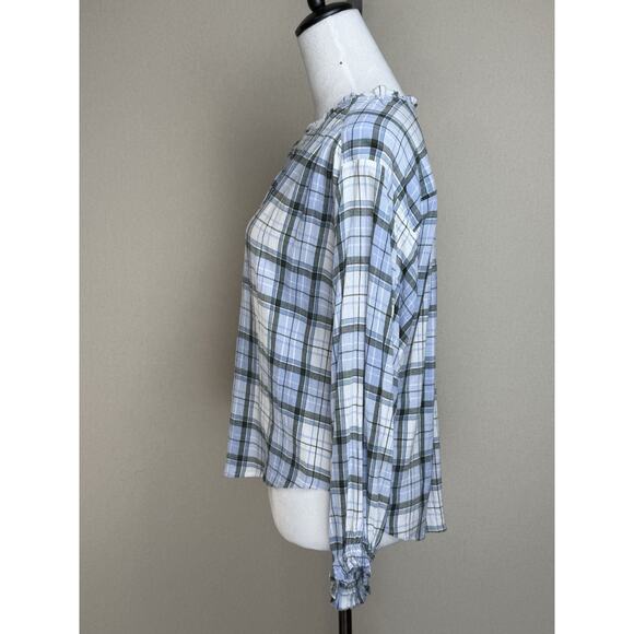 Loft Women’s Sz S Blue White Plaid V-Neck Ruffle Trim Crepe Texture Button Up - Picture 7 of 12